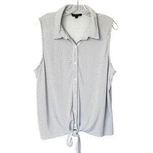 Adrianna Papell Wms XL White Black Dot Sleeveless Button Up Tie Front Blouse